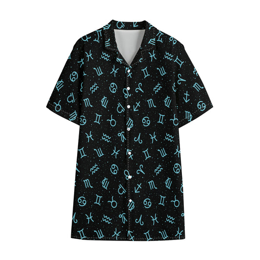 Blue Zodiac Symbols Pattern Print Cotton Hawaiian Shirt