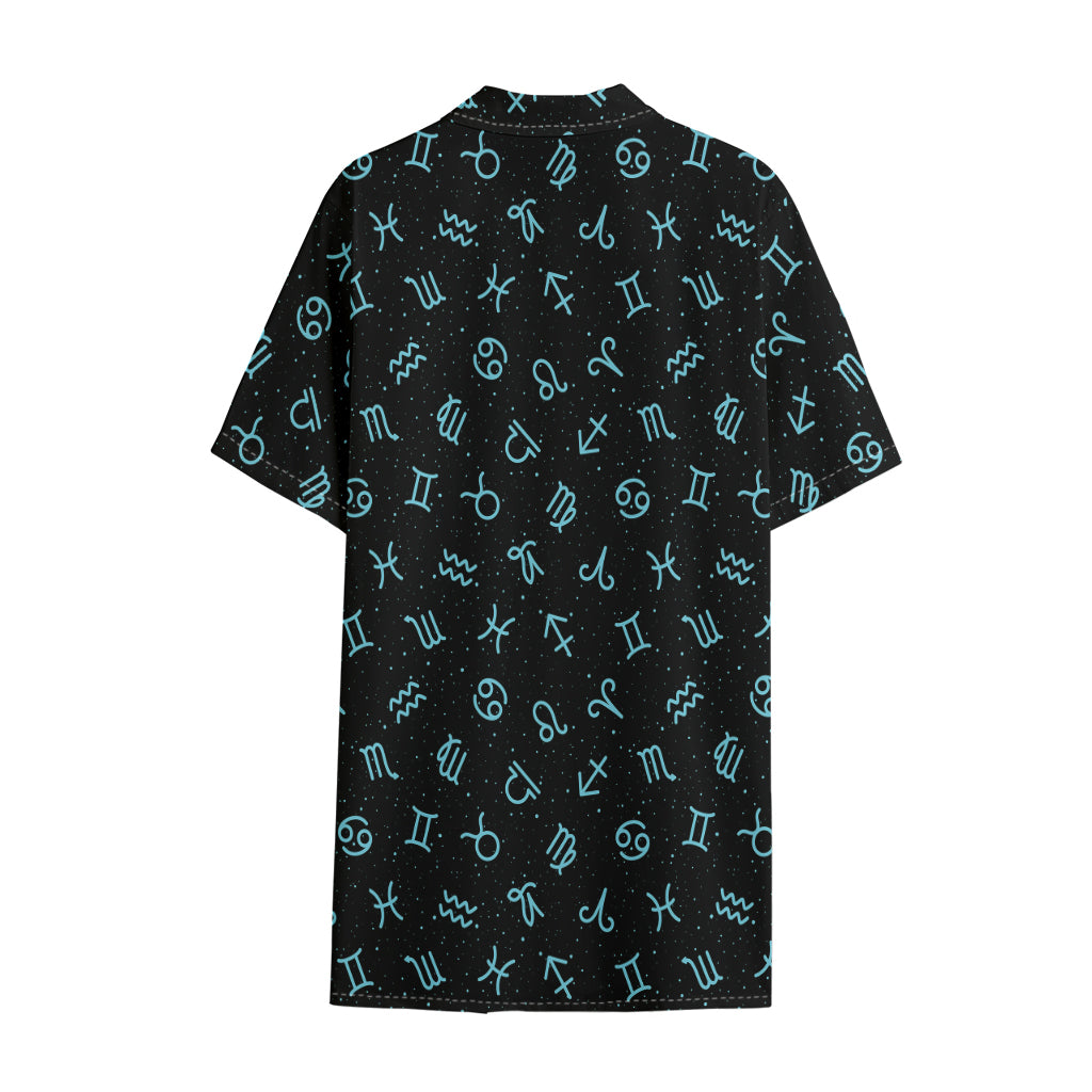 Blue Zodiac Symbols Pattern Print Cotton Hawaiian Shirt
