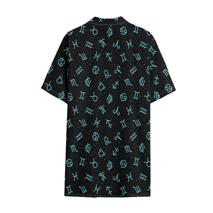 Blue Zodiac Symbols Pattern Print Cotton Hawaiian Shirt