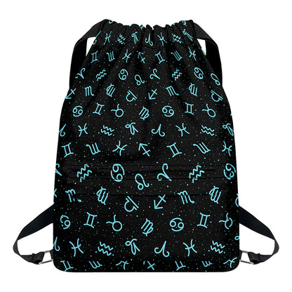 Blue Zodiac Symbols Pattern Print Drawstring Backpack