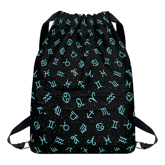 Blue Zodiac Symbols Pattern Print Drawstring Backpack