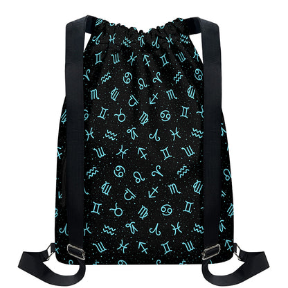Blue Zodiac Symbols Pattern Print Drawstring Backpack