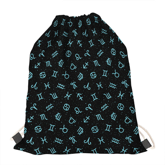 Blue Zodiac Symbols Pattern Print Drawstring Bag