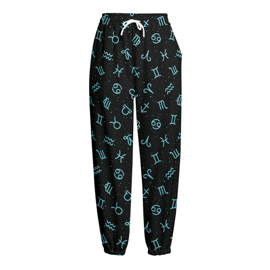 Blue Zodiac Symbols Pattern Print Fleece Lined Knit Pants