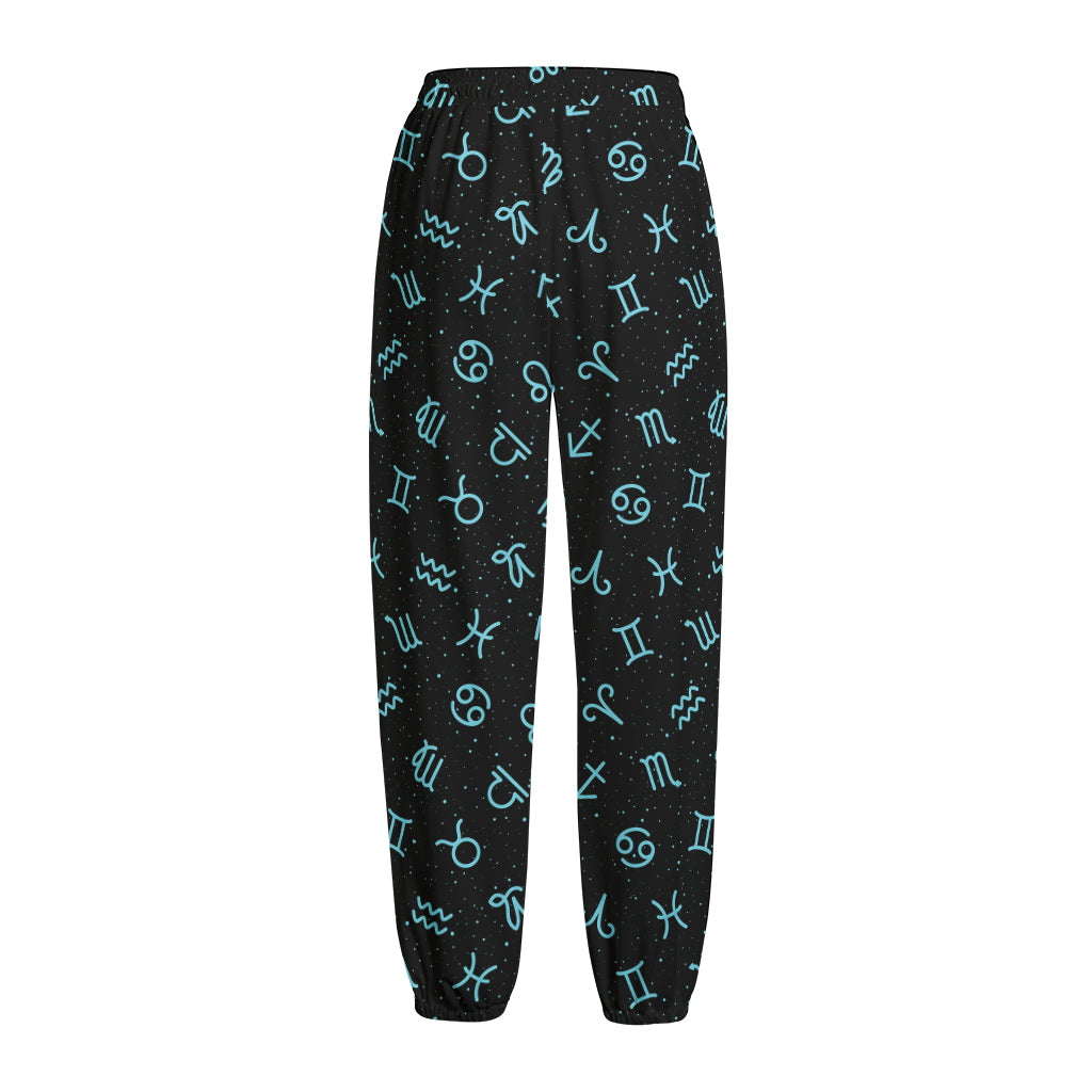 Blue Zodiac Symbols Pattern Print Fleece Lined Knit Pants