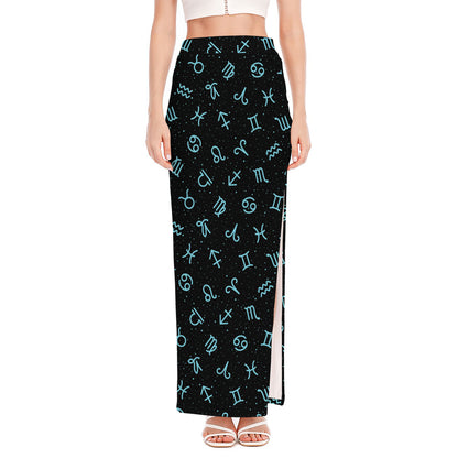 Blue Zodiac Symbols Pattern Print High Slit Maxi Skirt