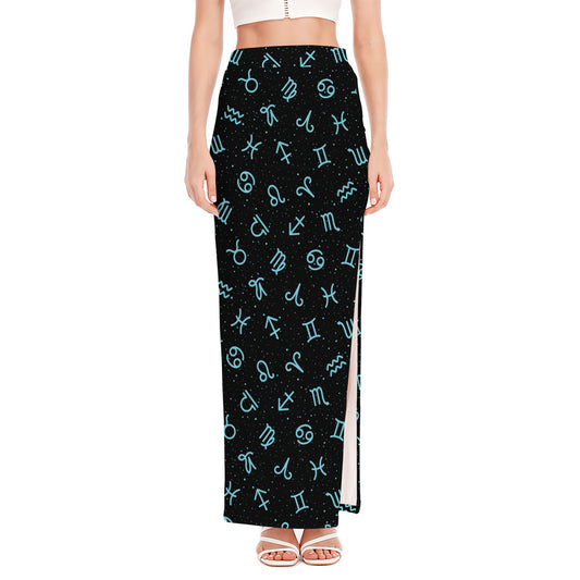 Blue Zodiac Symbols Pattern Print High Slit Maxi Skirt