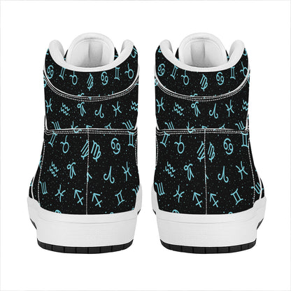 Blue Zodiac Symbols Pattern Print High Top Leather Sneakers