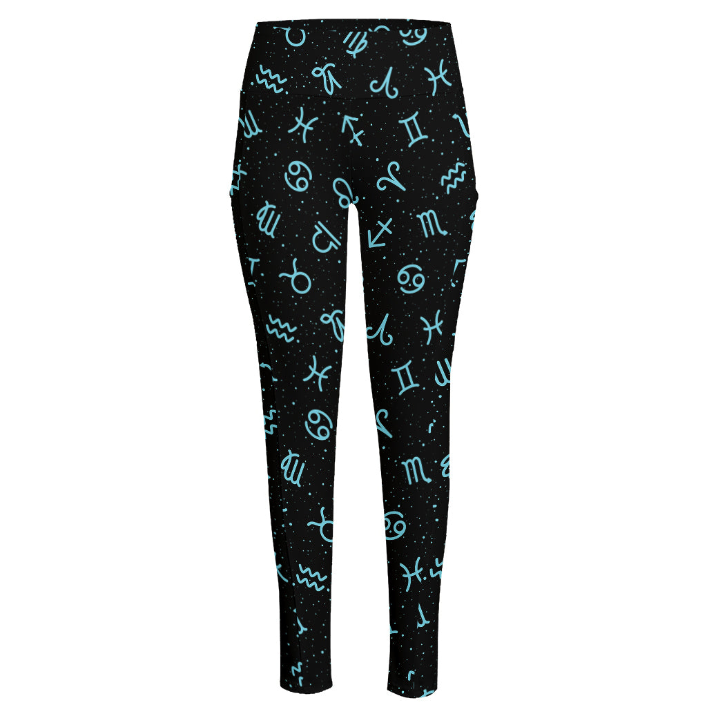 Blue Zodiac Symbols Pattern Print High-Waisted Pocket Leggings