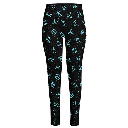 Blue Zodiac Symbols Pattern Print High-Waisted Pocket Leggings