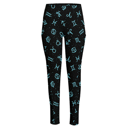 Blue Zodiac Symbols Pattern Print High-Waisted Pocket Leggings