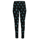 Blue Zodiac Symbols Pattern Print High-Waisted Pocket Leggings