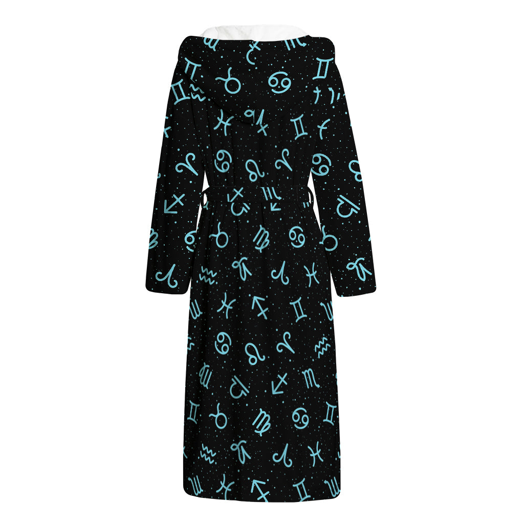 Blue Zodiac Symbols Pattern Print Hooded Bathrobe
