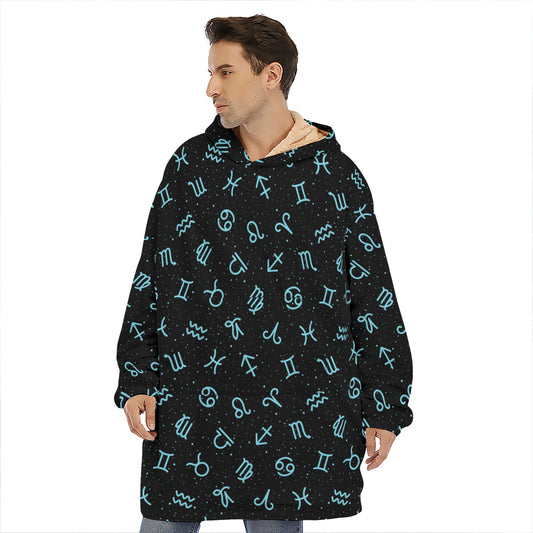 Blue Zodiac Symbols Pattern Print Hoodie Blanket