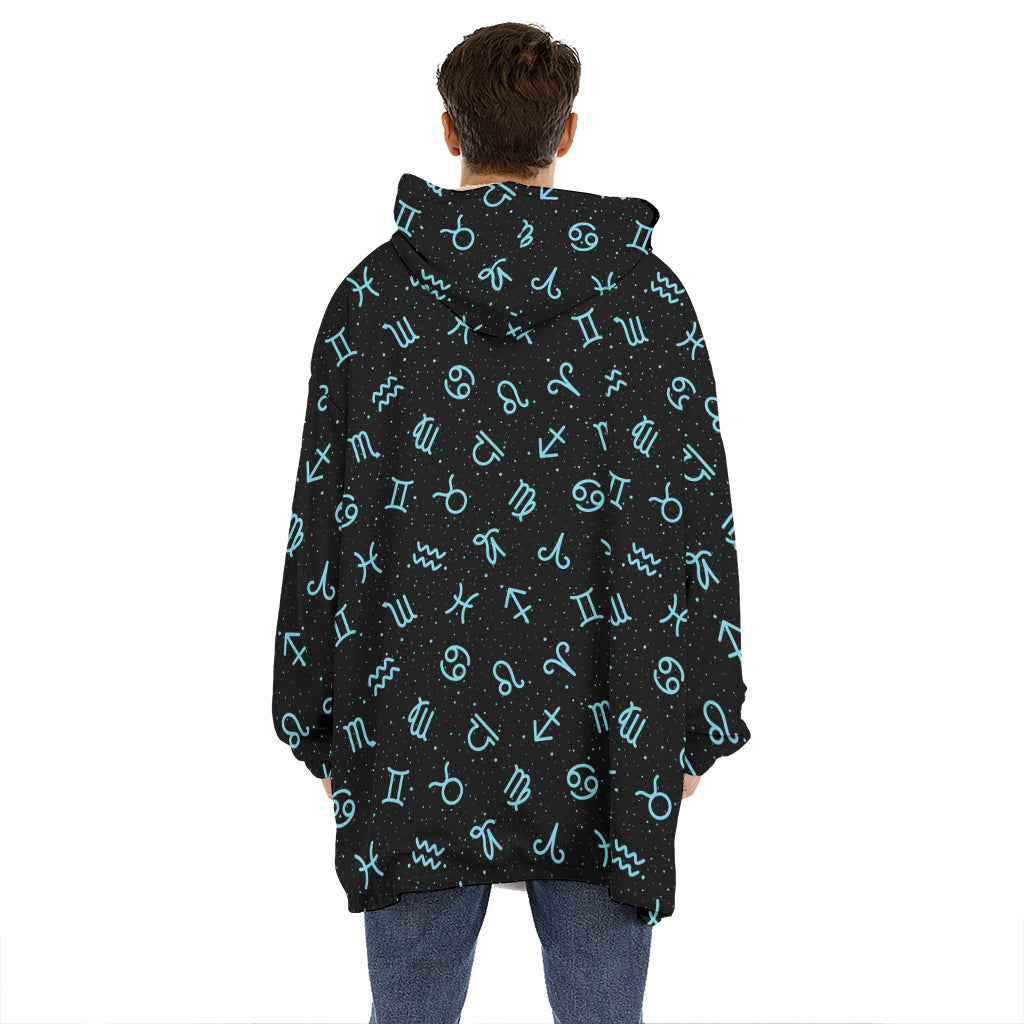 Blue Zodiac Symbols Pattern Print Hoodie Blanket