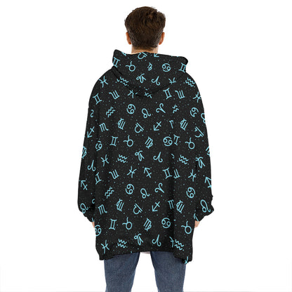 Blue Zodiac Symbols Pattern Print Hoodie Blanket