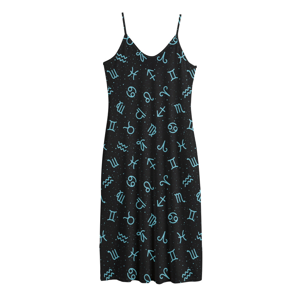 Blue Zodiac Symbols Pattern Print Jersey Midi Cami Dress