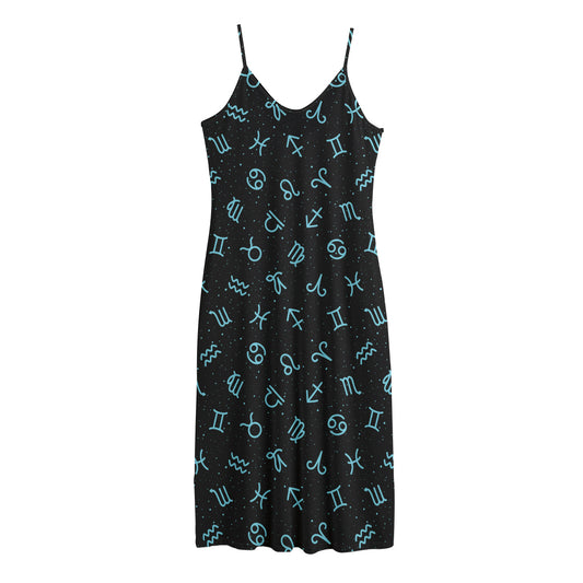 Blue Zodiac Symbols Pattern Print Jersey Midi Cami Dress