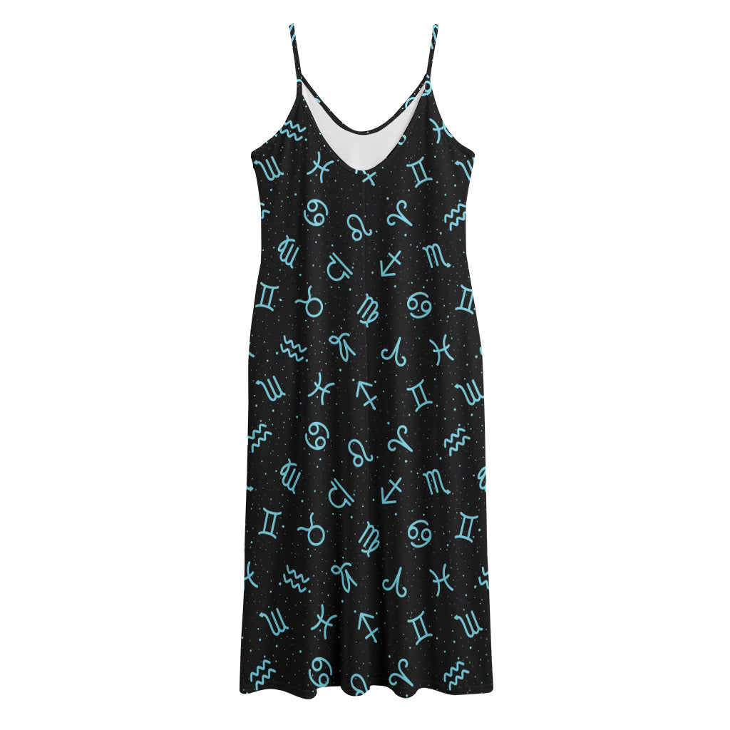 Blue Zodiac Symbols Pattern Print Jersey Midi Cami Dress