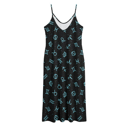 Blue Zodiac Symbols Pattern Print Jersey Midi Cami Dress