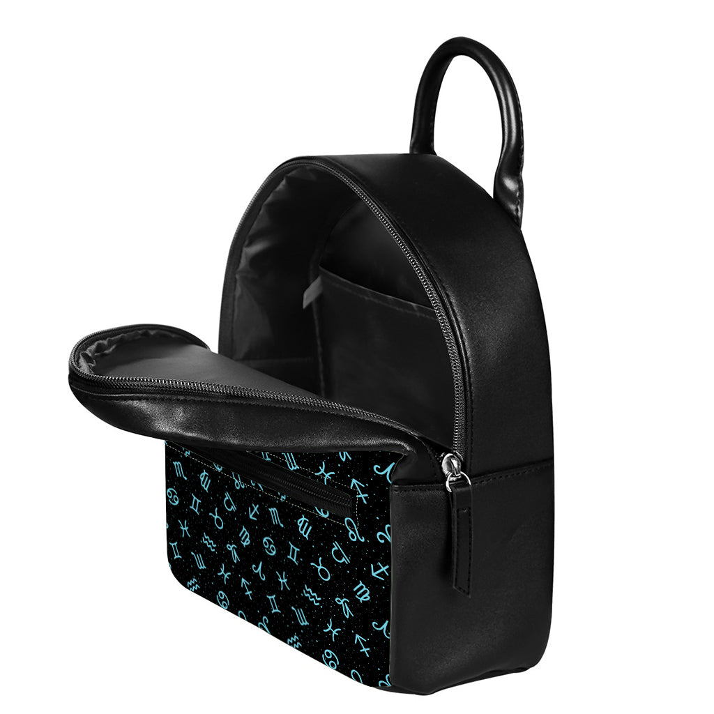 Blue Zodiac Symbols Pattern Print Leather Backpack