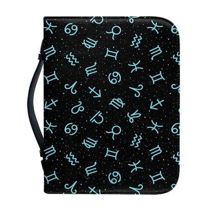 Blue Zodiac Symbols Pattern Print Leather Bible Cover
