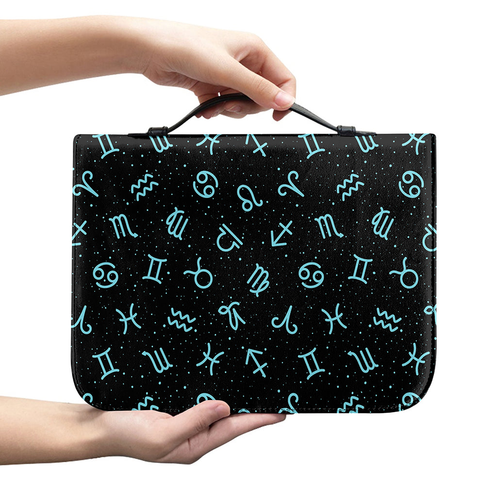 Blue Zodiac Symbols Pattern Print Leather Bible Cover