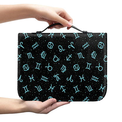 Blue Zodiac Symbols Pattern Print Leather Bible Cover