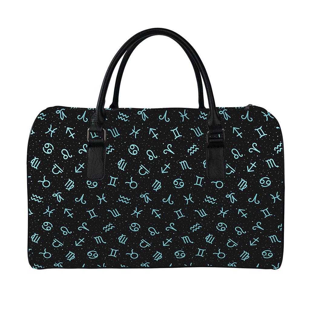 Blue Zodiac Symbols Pattern Print Leather Duffle Bag