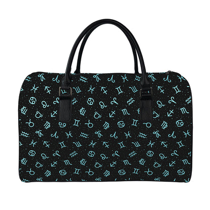 Blue Zodiac Symbols Pattern Print Leather Duffle Bag