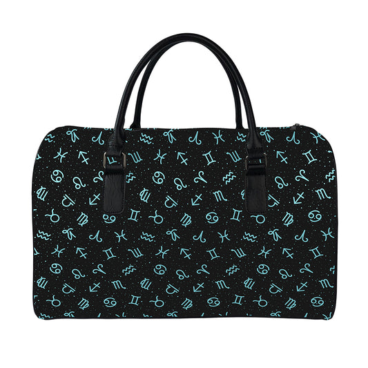 Blue Zodiac Symbols Pattern Print Leather Duffle Bag