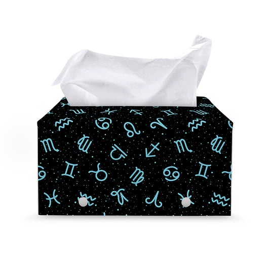 Blue Zodiac Symbols Pattern Print Leather Tissue Box Cover