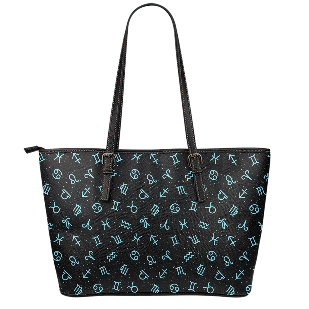 Blue Zodiac Symbols Pattern Print Leather Tote Bag