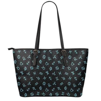 Blue Zodiac Symbols Pattern Print Leather Tote Bag