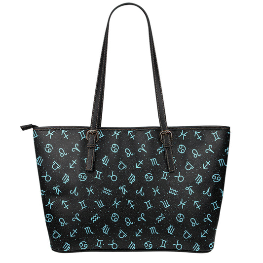 Blue Zodiac Symbols Pattern Print Leather Tote Bag
