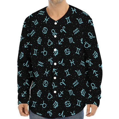 Blue Zodiac Symbols Pattern Print Long Sleeve Baseball Jersey