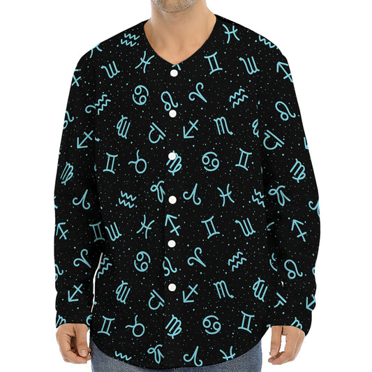 Blue Zodiac Symbols Pattern Print Long Sleeve Baseball Jersey