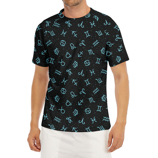 Blue Zodiac Symbols Pattern Print Men's Short Sleeve Rash Guard