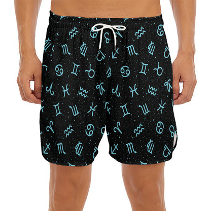 Blue Zodiac Symbols Pattern Print Men's Split Running Shorts