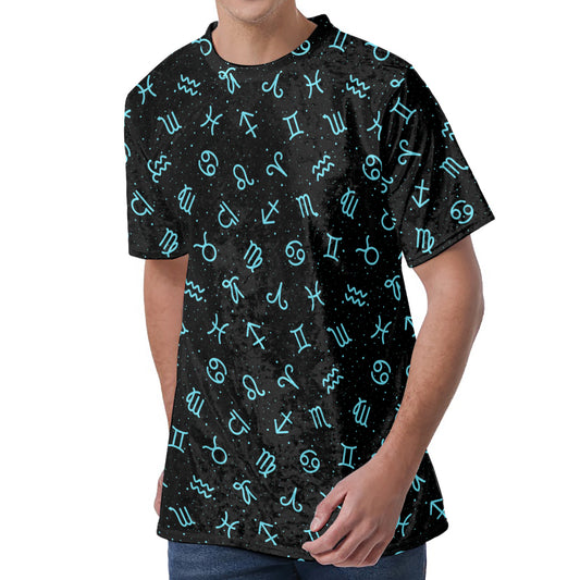 Blue Zodiac Symbols Pattern Print Men's Velvet T-Shirt