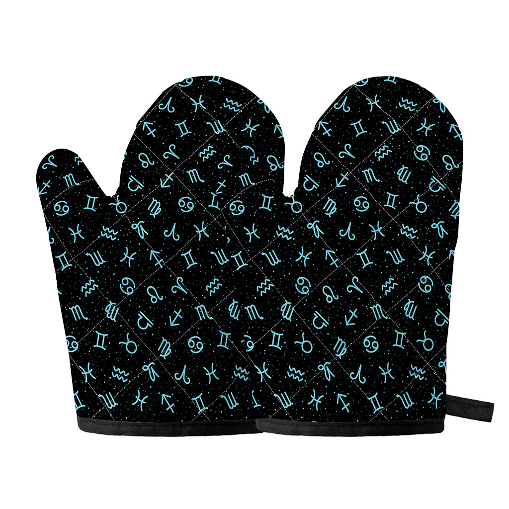 Blue Zodiac Symbols Pattern Print Oven Mitts
