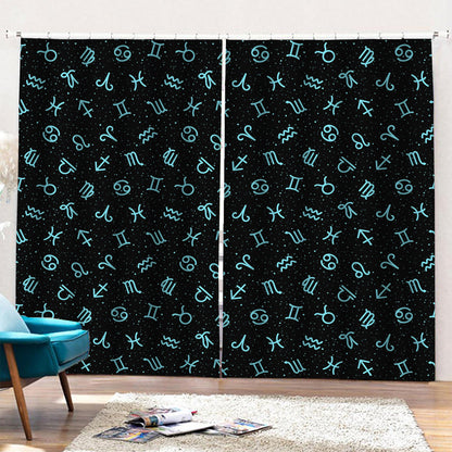 Blue Zodiac Symbols Pattern Print Pencil Pleat Curtains