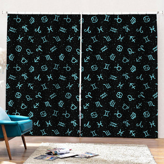 Blue Zodiac Symbols Pattern Print Pencil Pleat Curtains