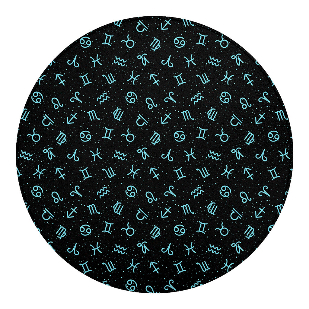 Blue Zodiac Symbols Pattern Print Round Blanket