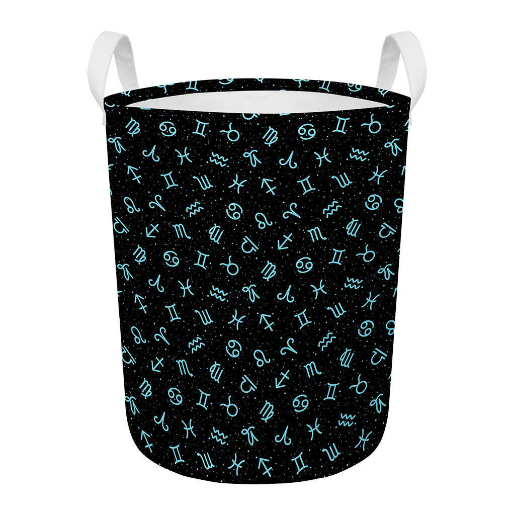 Blue Zodiac Symbols Pattern Print Round Laundry Basket