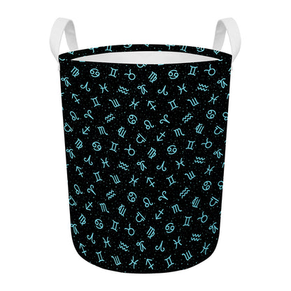Blue Zodiac Symbols Pattern Print Round Laundry Basket