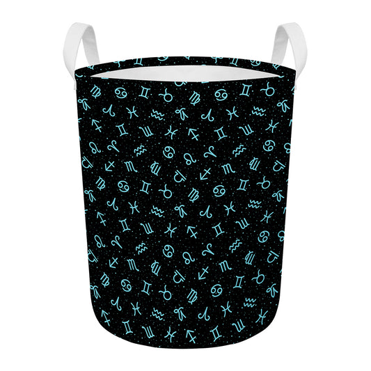 Blue Zodiac Symbols Pattern Print Round Laundry Basket