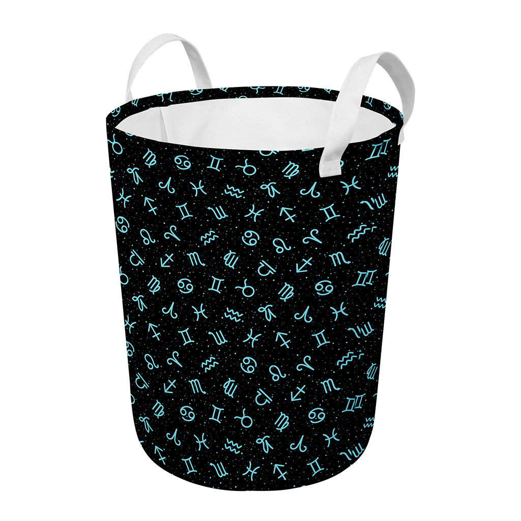 Blue Zodiac Symbols Pattern Print Round Laundry Basket