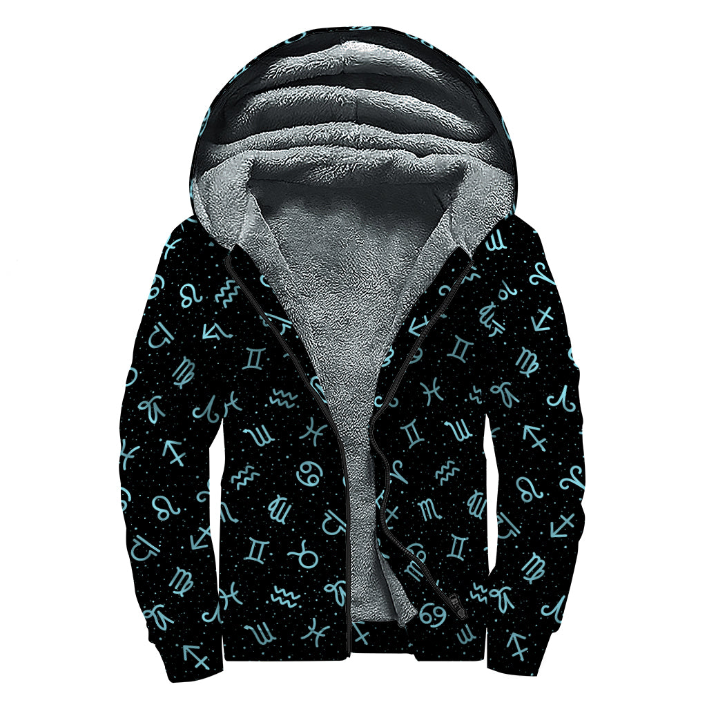Blue Zodiac Symbols Pattern Print Sherpa Lined Zip Up Hoodie