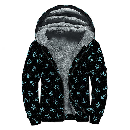 Blue Zodiac Symbols Pattern Print Sherpa Lined Zip Up Hoodie